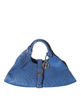 Miracle Zone Blue Faux Ostrich Satchel Handbag Gold Hardware